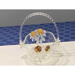 MIKASA GLASS BASKET PLASTIC REMOVABLE HANDLE GOLD ROSES W/FROSTED LEAVES 8″ LONG