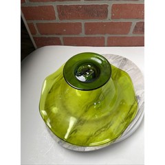 Bowl 12 Inch Avocado Green Hand Blown Art Glass Pedestal Vintage