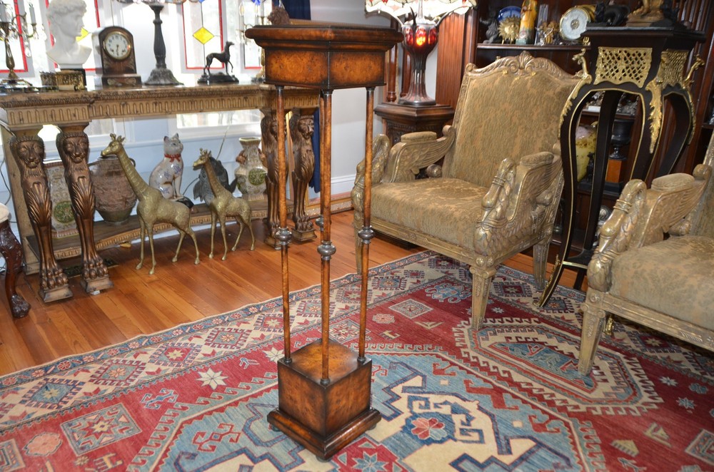 Neoclassical Wooden Walnut Burl & Bronze Pedestal Stand Tall 43 1/2 in