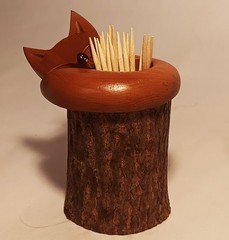 MCM FOX vtg cabin wood carved toothpick holder sculpture natural tree log art