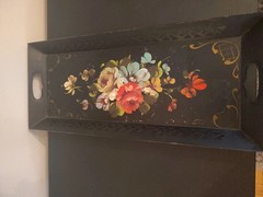 Vintage Hand Painted Floral Toleware Rectangular Metal Serving Tray
