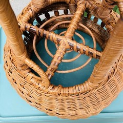 Vintage Wicker Plant Stand With Basket Top Lower Shelf Bead Accents 27″ MCM Boho