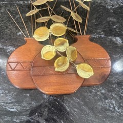 Vintage HOMCO Brass Eucalyptus Leaves Sculpture Wood Planter Plant Decor MCM