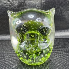 Hand Blown Venetian Art Glass Owl Bird Paperweight Figurine Green Bubbles Italy