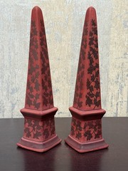Ceramic Obelisk Pair Matte Finish Foliate Relief Symbol Strength & Protection