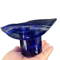 1980s Art Glass Hat Shaped Dish Bowl Clear Cobalt Blue Swirls Folded Edges VTG