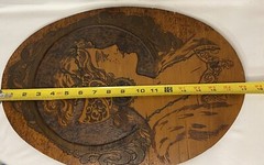 Vintage Art Nouveau Oval Wood Carved Pyrography Victorian Lady