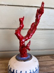 Faux Red Coral Specimen in Blue & White Floral Small Vase in Chinoiserie Style