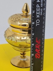 Vintage Gold Painted Textured Footed Glass Lidded Decor Dish Floral RARE