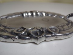 Vintage Decorative Tray Oval Cast Aluminum Floral Design Twisted Rope Handles