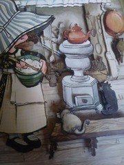 VTG 1973 Sunbonnet Girl in kitchen 3D SHADOW BOX PAPER ART Wood Frame 14.5 x 11