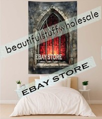 Gothic Stained Glass Arch Wall Hanging Tapestry moody dark decor 39X59 in