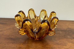 Vintage MCM Amber Hand Blown Art Glass Freeform Bowl 8 Prunts Czech Style 5″