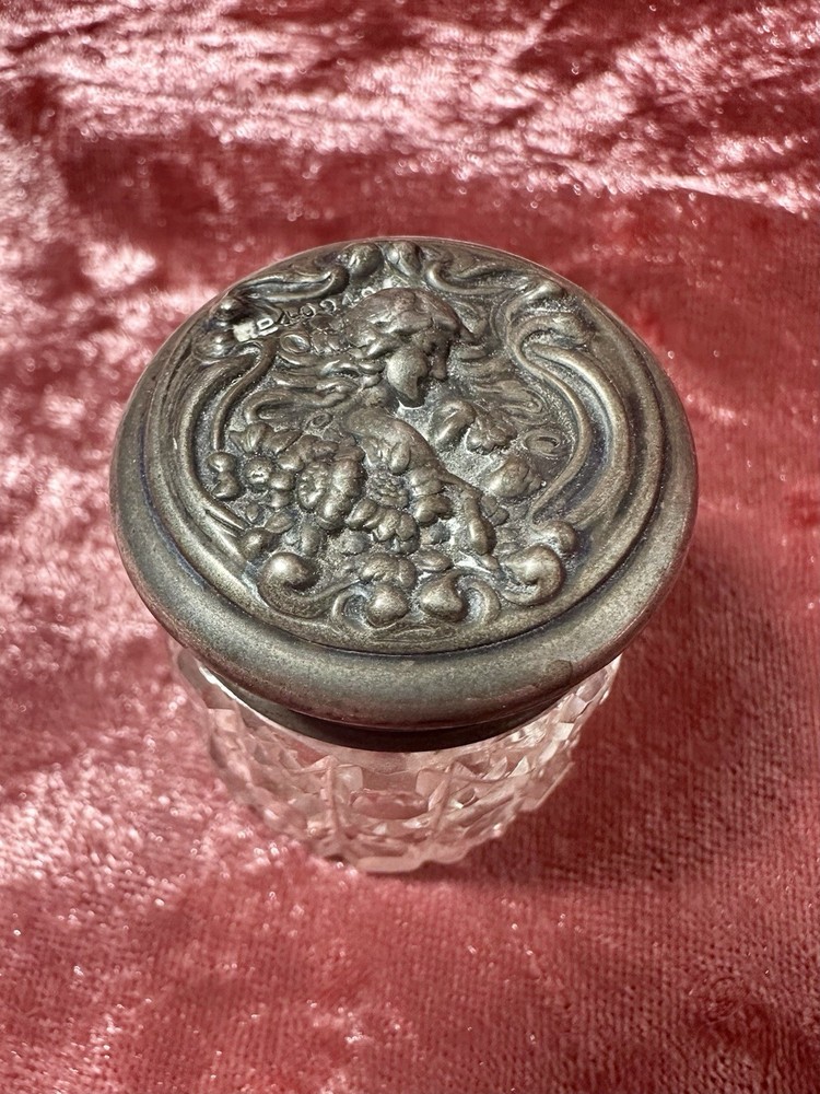 Antique Small Levi & Salaman Glass Jar Pot Sterling Silver Lid Art Nouveau 1900s