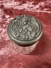 Antique Small Levi & Salaman Glass Jar Pot Sterling Silver Lid Art Nouveau 1900s