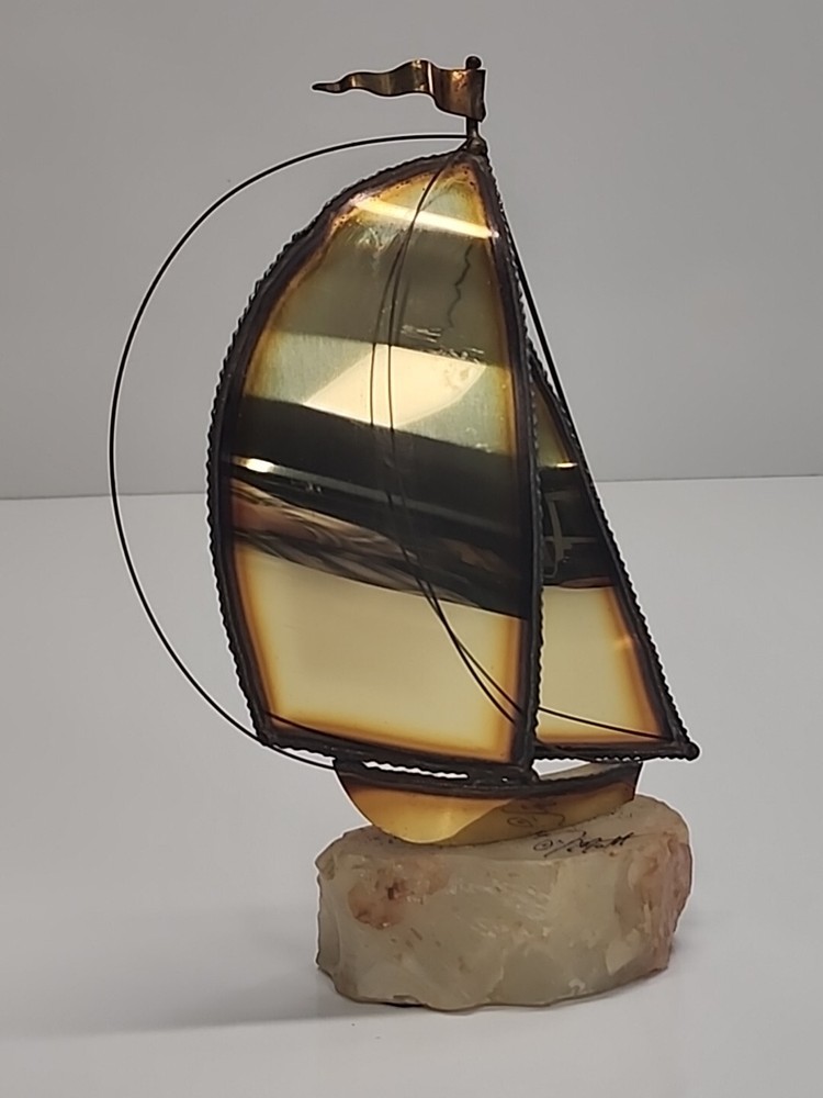 Metal Brass Sailboat Sculpture on Quartz Base Signed DeMott 9.5 in Nautical