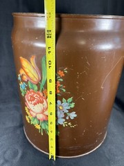 VTG Hand Painted CANCO Toleware Metal Trashcan / Can Floral Roses Brown 13”