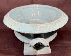 Turquoise Ceramic compote bowl w/relief decoration and handles. Made In Italy