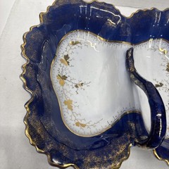 AntiqueGermany Shell Design White, Blue & Gold Divided Handled Serving Dish READ