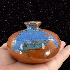 Vintage Hand Trown Art Pottery Bud Vase Signed Hand Made Ceramic Blue Red Drip