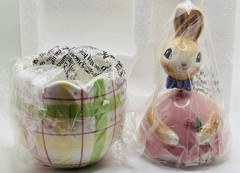 Fitz & Floyd “A Good Egg” Bobblehead/Nodder Easter Bunny Lidded Box -Plaid~New