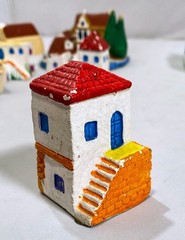 Ceramic Mini Greek Village (8) Houses Church Boat Handmade Hand-Painted