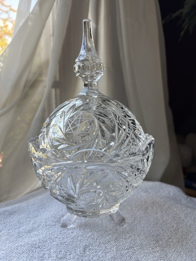 Czech Pinwheel Star of David Crystal Cut Glass 3 footed Candy Dish w Steeple Lid