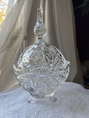 Czech Pinwheel Star of David Crystal Cut Glass 3 footed Candy Dish w Steeple Lid