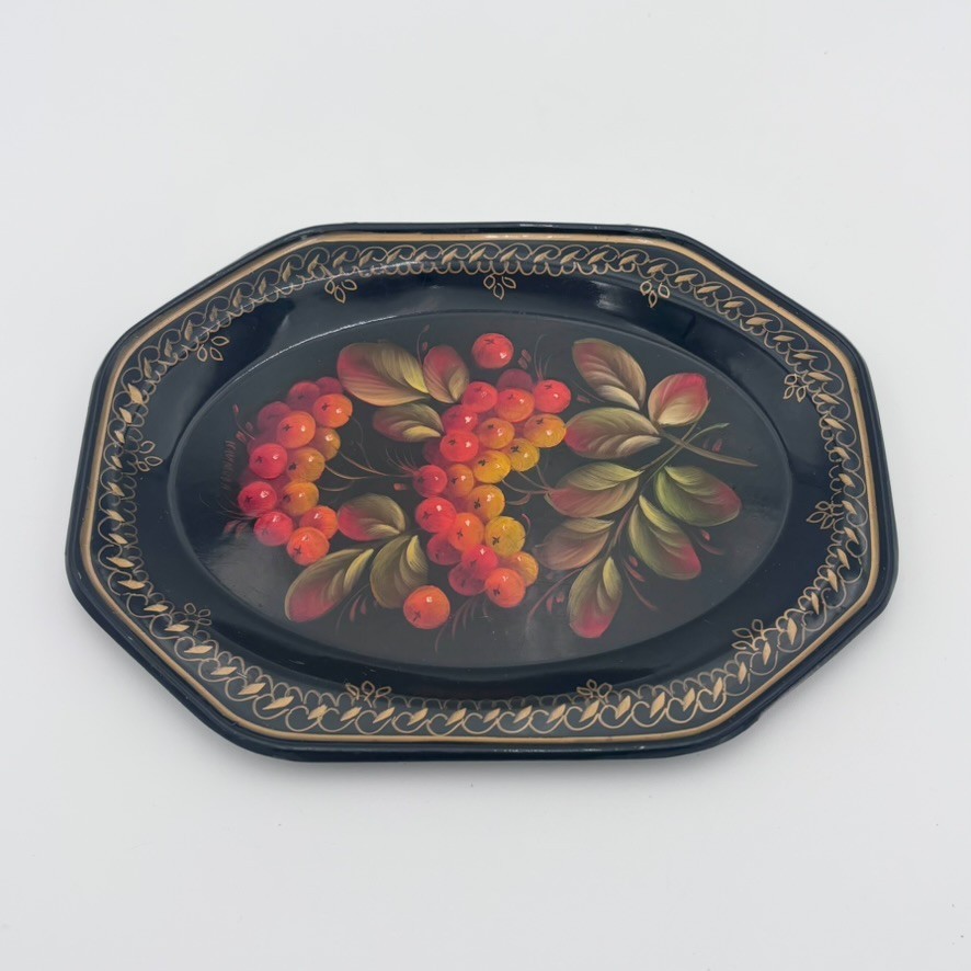Painted Metal Mini Tray Folk Art Toleware Style Black w/ Red Orange Berries