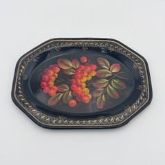 Painted Metal Mini Tray Folk Art Toleware Style Black w/ Red Orange Berries