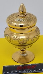 Vintage Gold Painted Textured Footed Glass Lidded Decor Dish Floral RARE