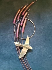 Vintage MCM Bird Brass/ Copper Wall Art Decor with Cattails Wall Decoration