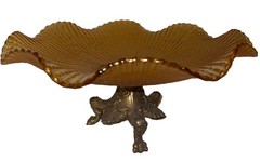 Antique Fenton glass Ruffled Pedestal ￼bowl with a brass Claw Foot Fun