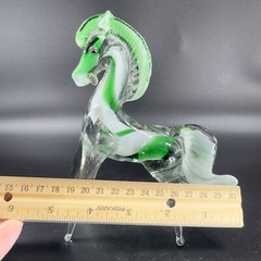 Hand Blown Art Glass Horse Figurine Paperweight Hand Made Glass Green White VTG
