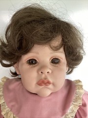 Vintage 28″ Porcelain Toddler Doll Brown Hair Eyes Pink Dress Floral Pinafore