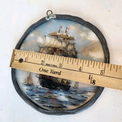 Antique 1910 Reverse Painted Glass Galleon Ship Scene Edwardian Wall Decor