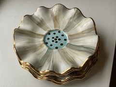 (4pc) Rare Mackenzie Childs Parchment Check Ceramic Fluted Saucers W/ Gold Dots