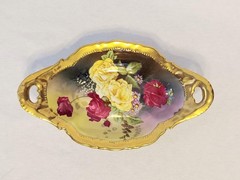 1920s O&EG Royal Austria Rose Pompadour Hand Painted Trinket Bowl Gold Handles