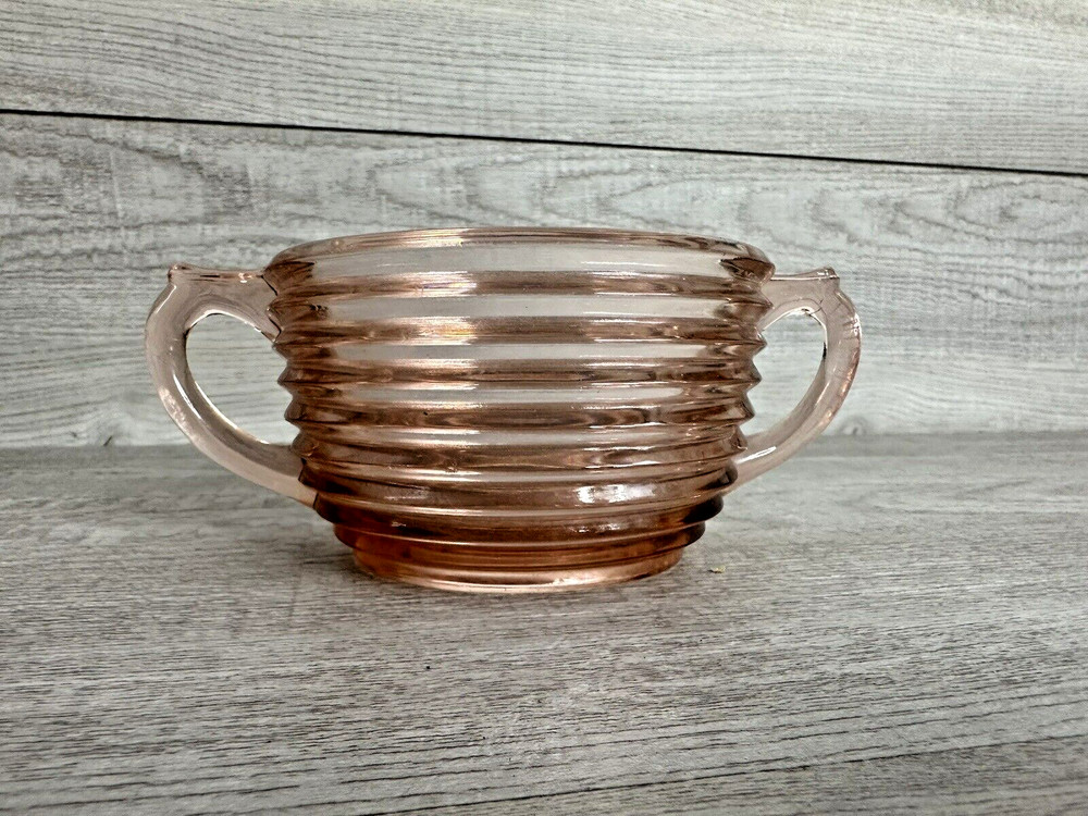Vintage Unbranded Pink Ribbed Glass Candy Dish Oval Shape Double Handle