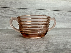 Vintage Unbranded Pink Ribbed Glass Candy Dish Oval Shape Double Handle