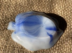 Vintage Akro Agate White Opalescent Slag Glass Blue Swirl Leaf
