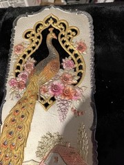 Colorful Made in Germany Embossed Peacock Decorative Pressed Paper Plaque 1920s