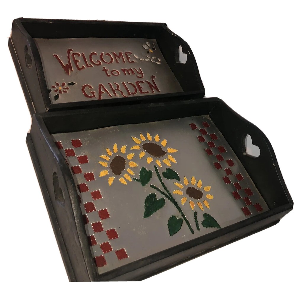 Adorable Vintage Wood And 10 Trays With Hearts Sunflowers Welcome Garden