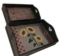 Adorable Vintage Wood And 10 Trays With Hearts Sunflowers Welcome Garden