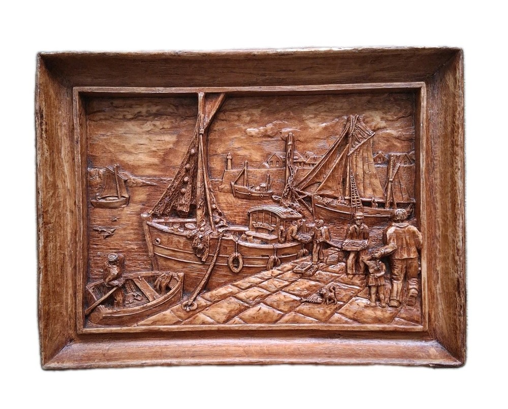Carved Wood and Resin Relief Picture Panel Fishing Harbor Sea Scene 12″x9″