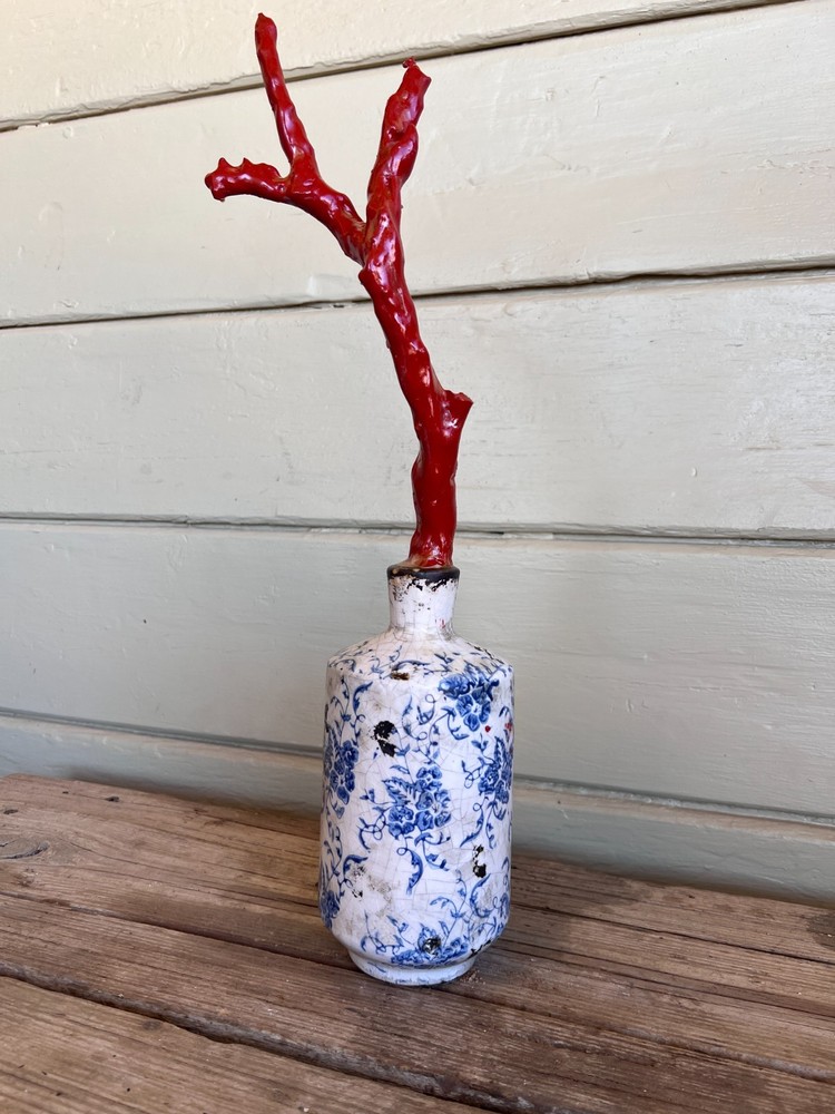 Faux Red Coral Specimen in Blue & White Floral Small Vase in Chinoiserie Chic St