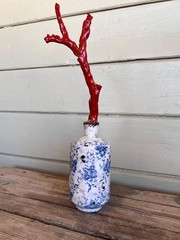 Faux Red Coral Specimen in Blue & White Floral Small Vase in Chinoiserie Chic St