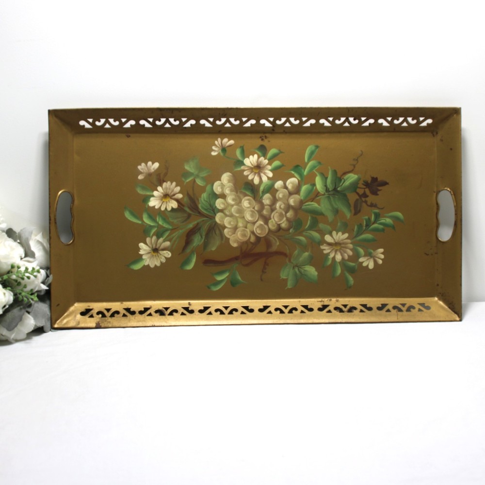 Large Vintage 22.5″ Metal Toleware Tray With Hand Painted Flowers Pilgrim Arts