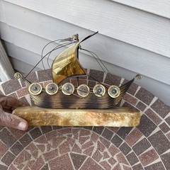 John DeMott Brass Sailboat On Onyx Viking Ship Sculpture Vintage Rare Type 13”