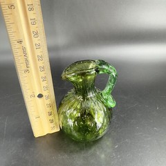 Hand Made Art Glass Green Optic Jug Miniature Pitcher Hand Blown Glass Decor VTG